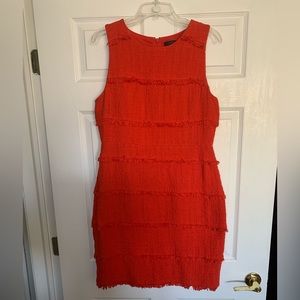 Coral-red textured lined sheath dress